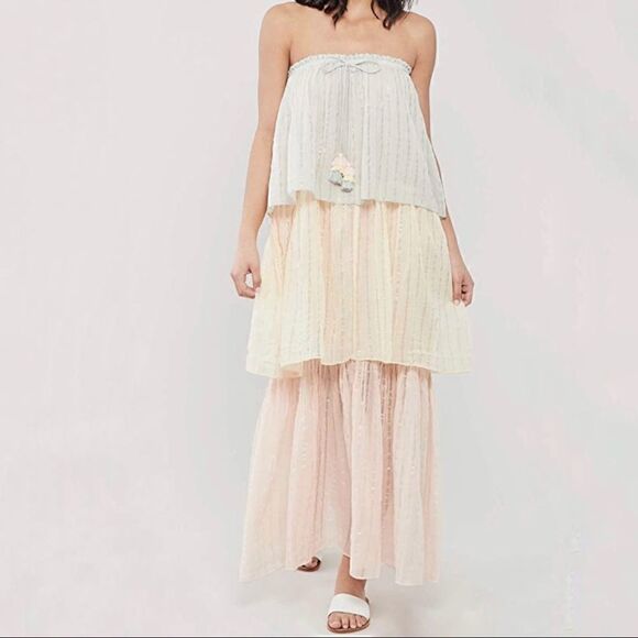 PQ Swim Golden Hour Briar Maxi Dress Swim Cover Strapless Block Tiers Pleated - Picture 15 of 15